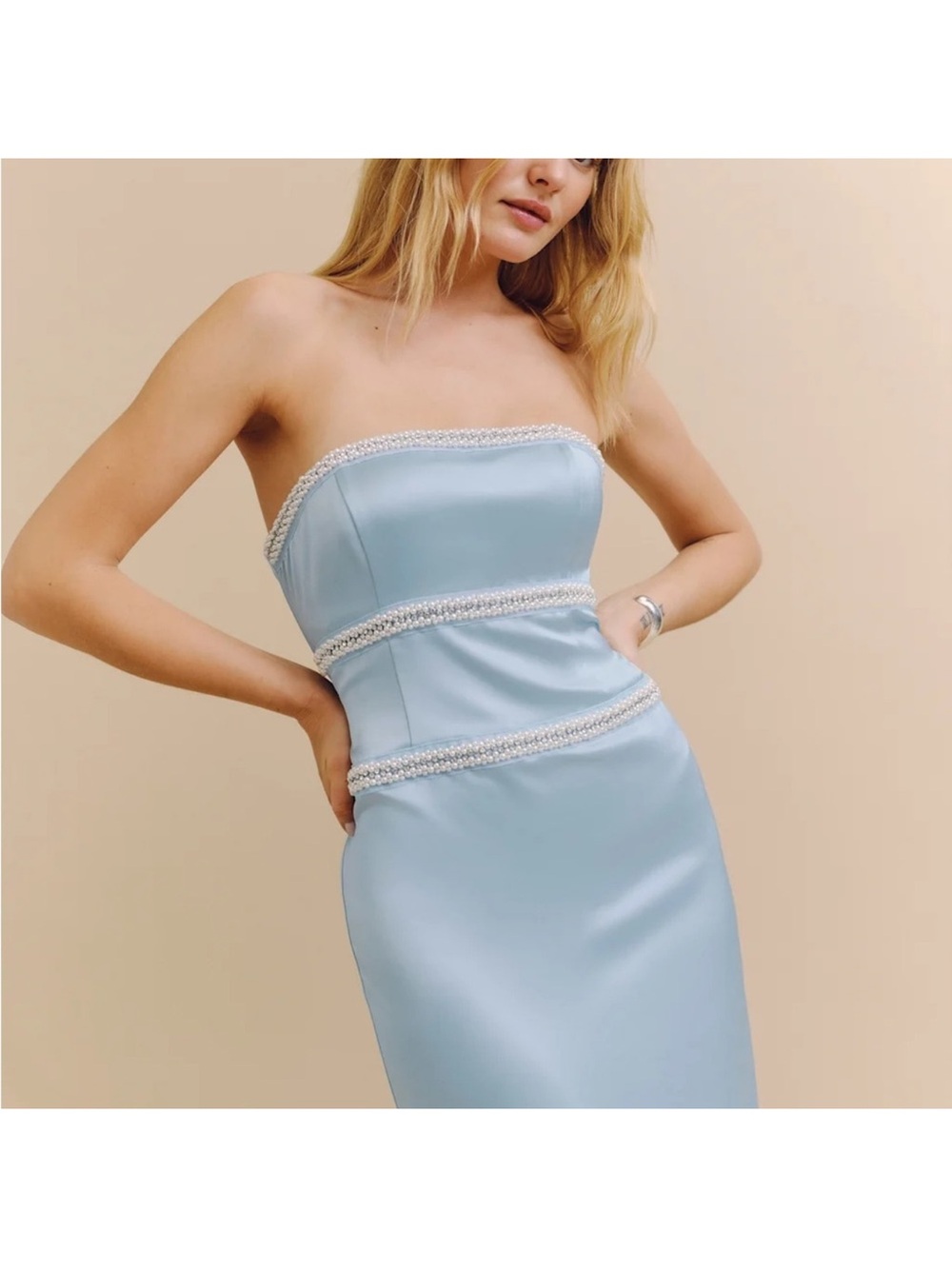 Reformation Strapless Pale Blue Pearl-Trim Midi Dress